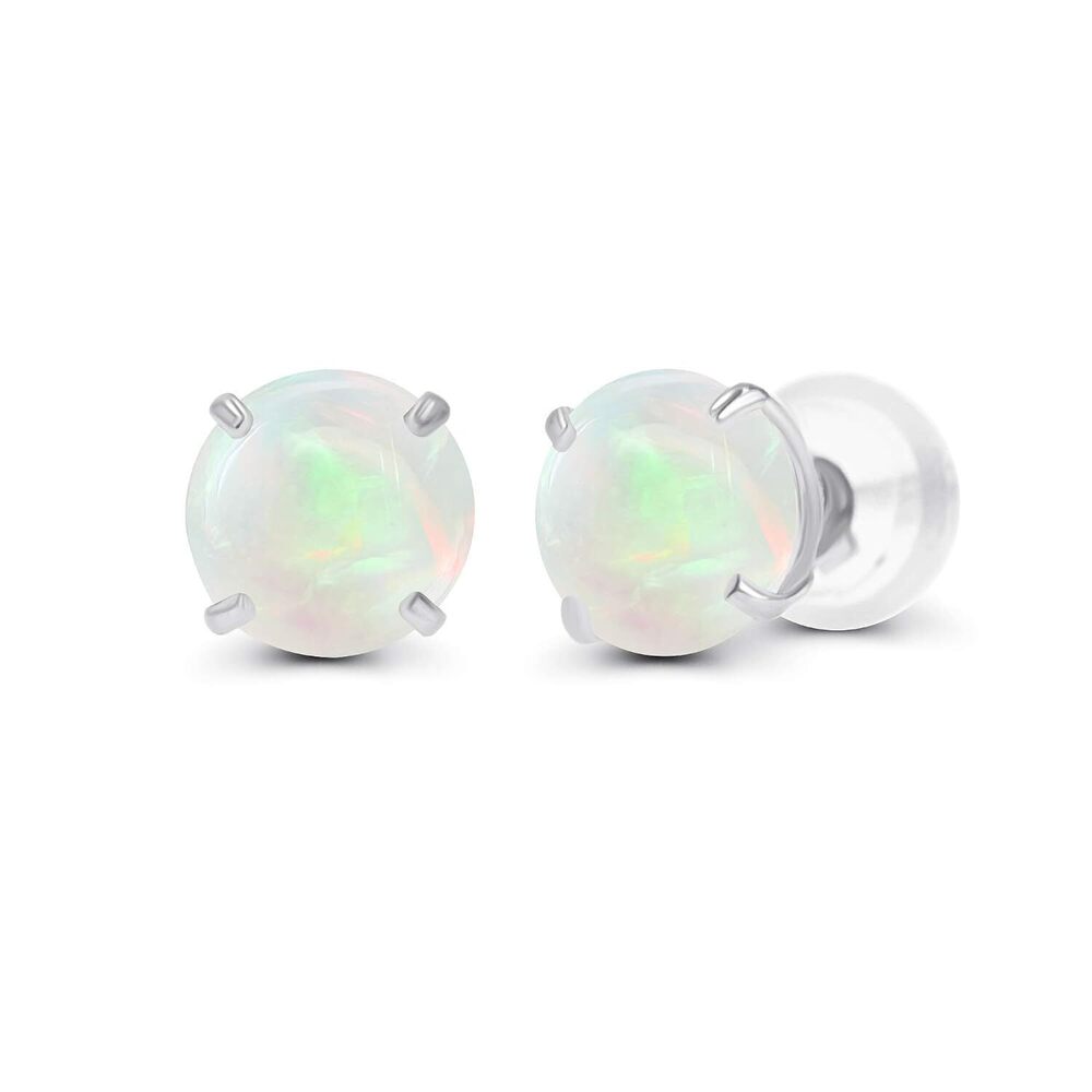 Opal Stud Earrings 14K White Gold 4mm Round October Birthstone
